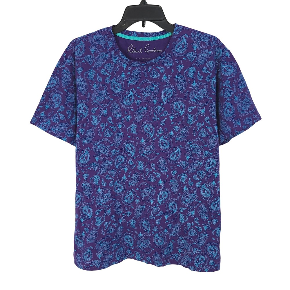 Robert Graham Pallas Cotton Short Sleeve T-Shirt Mens Medium Purple Teal Paisley